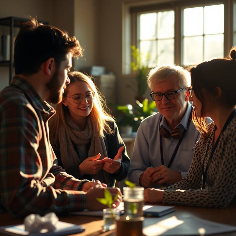 Een mentor die een groep mentoren begeleidt, met focus op het delen van ervaringen en het leren van elkaar.
